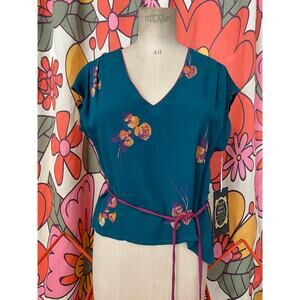 vintage 1970s turquoise floral blouse 70s fashion sunbow ltd disco mod small 32